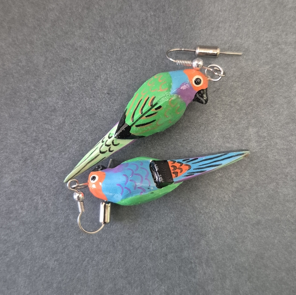 Vintage Hand-painted Colorful Wood Parrot Bird Earrings